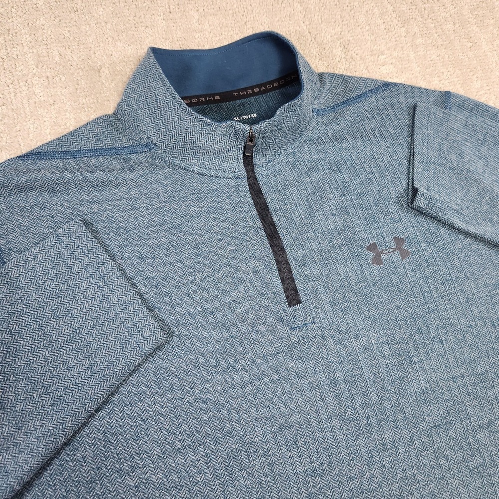 Under Armour Men XL Threadborne Siro 1/4 Zip Pullover Quick Dry Blue Herringbone